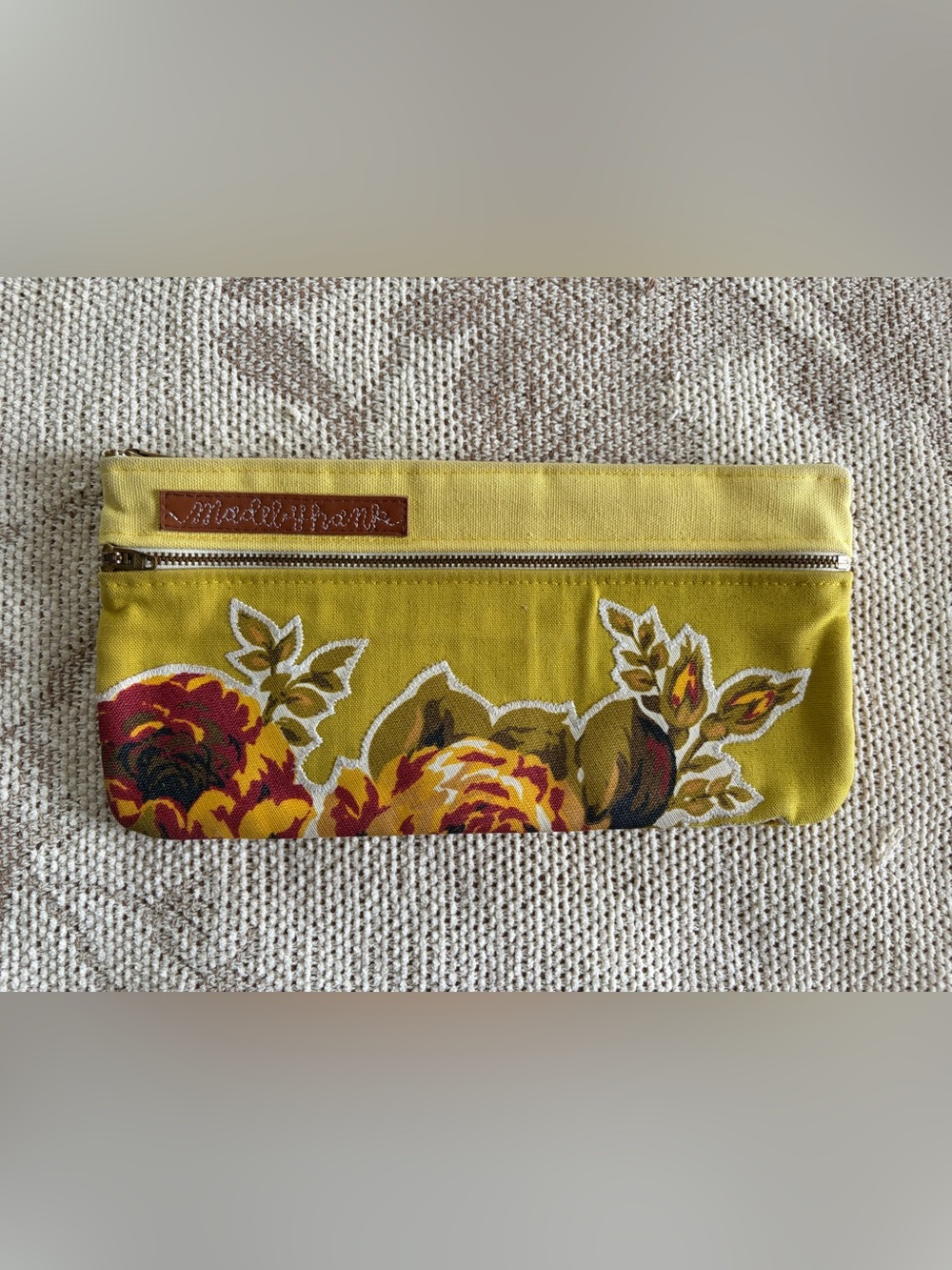 madebyhank large yellow double zipper pouch/clutch with floral/roses appliqués